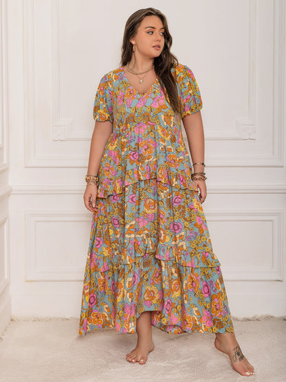 Plus Size Printed V-Neck Short Sleeve Maxi Dress