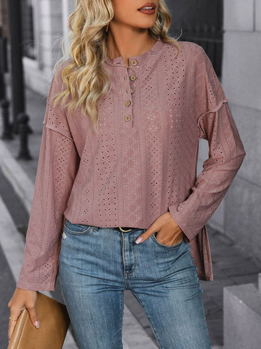 Perfee Eyelet Round Neck Long Sleeve Top Dusty Pink