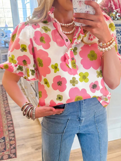 Floral Print Short Sleeve Blouse Floral