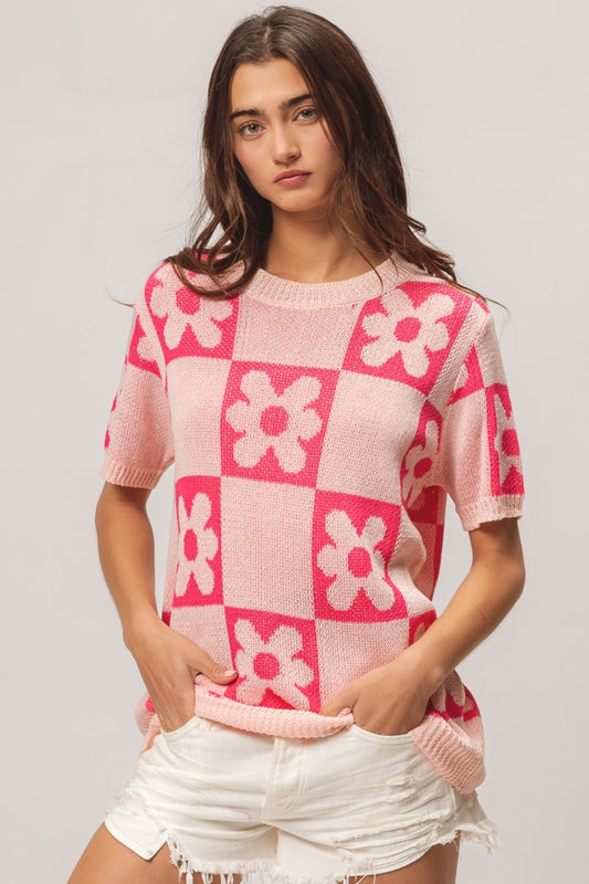 BiBi Flower Checker Pattern Short Sleeve Sweater Blush Fuchsia