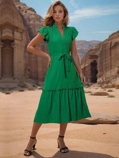 Perfee Tied Notched Cap Sleeve Dress Green
