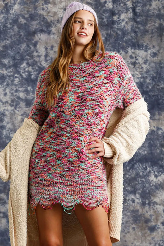 Umgee Full Size Distressed Hem Multicolored Round Neck Knit Tunic Dress Plus Size MINT PINK
