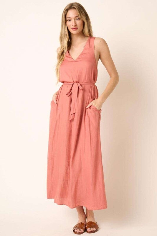 Mittoshop Cross Back Belted V Neck Tank Maxi Dress Ginger