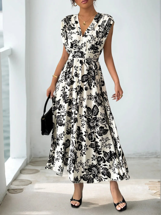 Printed V-Neck Cap Sleeve Dress Black