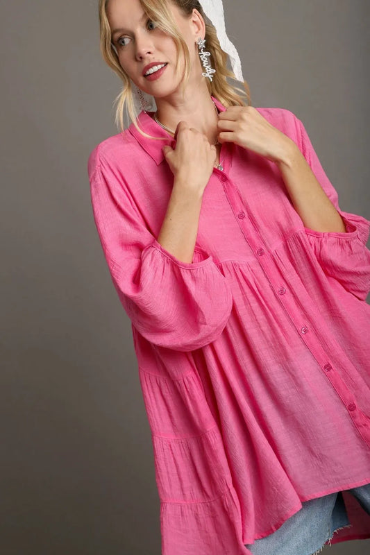 Umgee Full Size High Low Hem Back Tiered Button Down Shirt Plus Size Fuchsia Pink