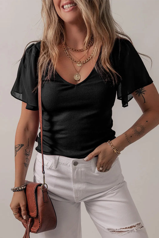V-Neck Short Sleeve Blouse Black