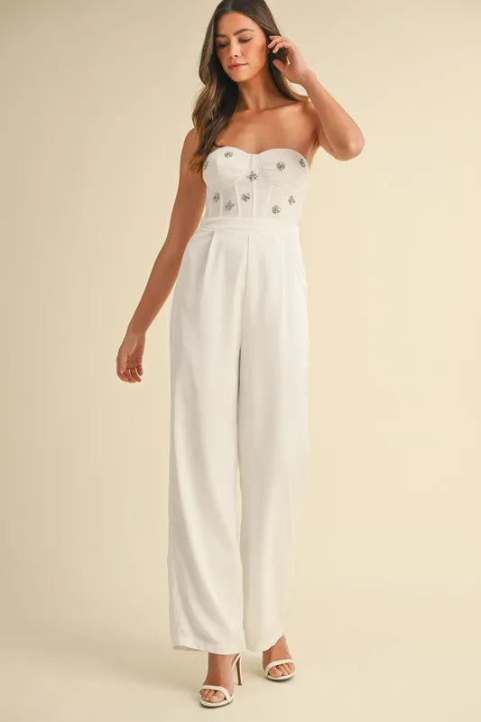 MABLE Rhinestone Applique Bustier Jumpsuit