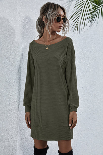 Waffle-Knit Boat Neck Mini Dress Army Green