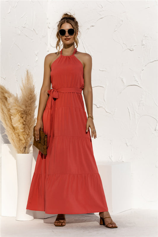 Halter Neck Tie Waist Tiered Maxi Dress Orange