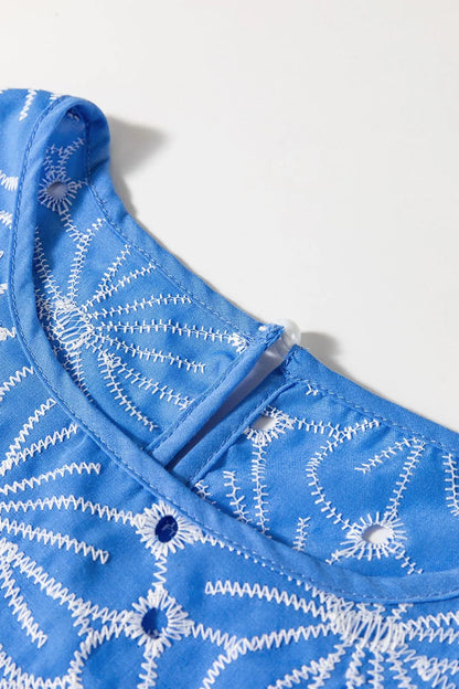 Eyelet Flower Embroidery Flounce Sleeve Blouse