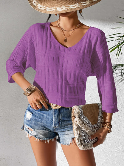 V-Neck Three-Quarter Sleeve Knit Top Vivid Violet
