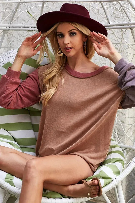BiBi Exposed Seam Color Block Round Neck French Terry Top