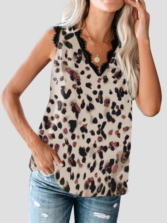 Lace Detail V-Neck Tank Leopard