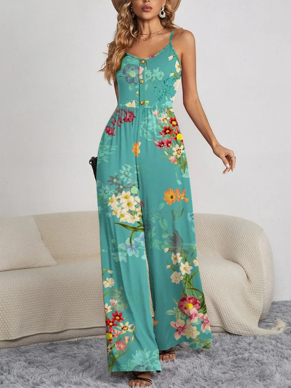FAM-FAM Decorative Button Spaghetti Strap Wide Leg Jumpsuit Turquoise