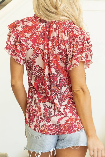 Vintage Floral Ruffle Sleeve V Neck Blouse