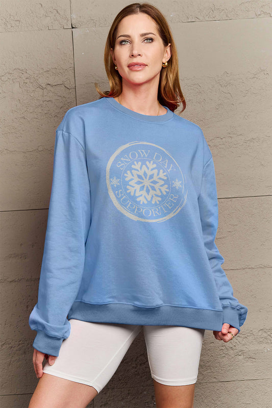 Simply Love Full Size SNOW DAY SUPPORTER Round Neck Sweatshirt Light Blue