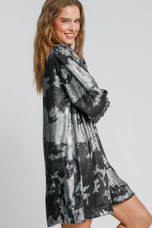 Umgee Full Size Mock Neck Flounce Sleeve Metallic Dress Plus Size