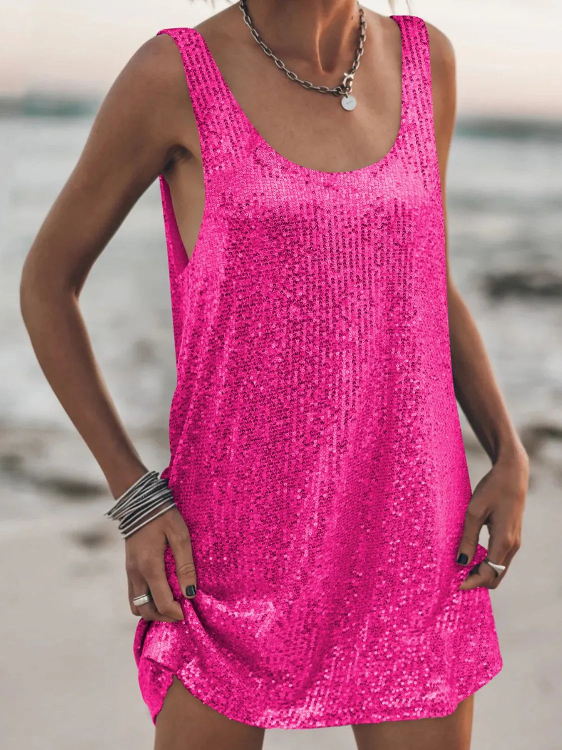 Sequin Scoop Neck Mini Dress Hot Pink