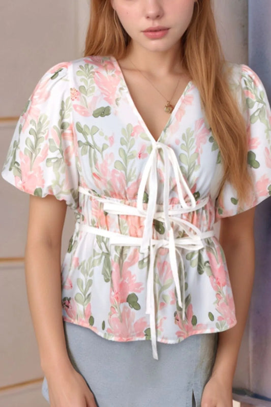 Tied Printed Short Sleeve Blouse Floral