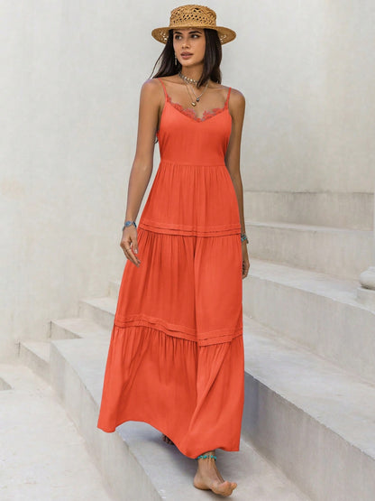 Lace Detail V-Neck Cami Dress Orange-Red