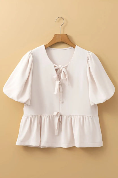 Bow Tie Short Puff Sleeve Ruffle Hem Blouse