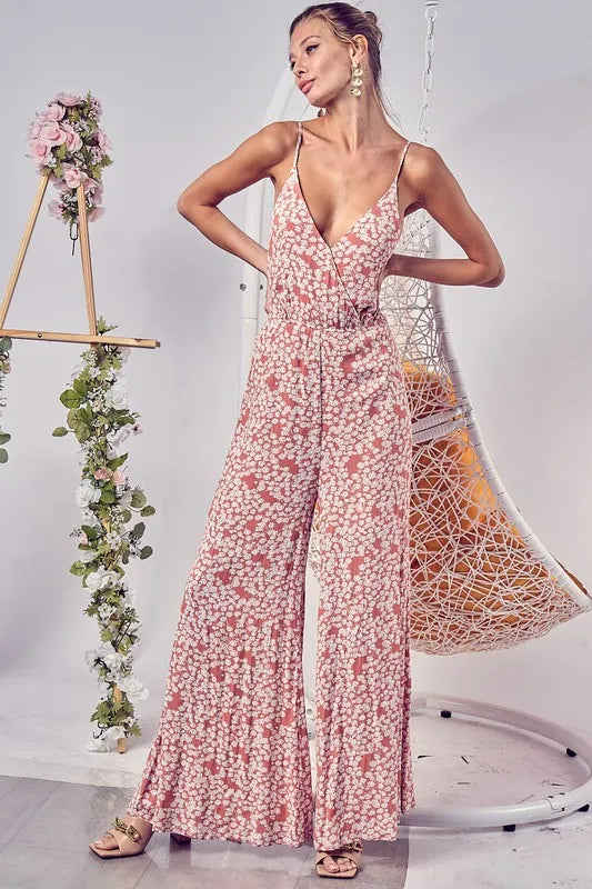 BiBi Floral Print Cirnkled Gauze Spaghetti Strap Jumpsuit Dusty Pink