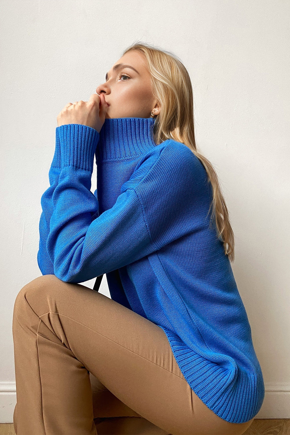 Basic Bae Turtleneck Dropped Shoulder Long Sleeve Sweater Royal Blue One Size