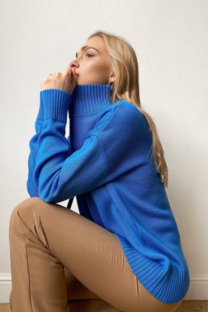 Basic Bae Turtleneck Dropped Shoulder Long Sleeve Sweater Royal Blue One Size
