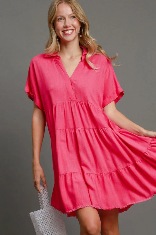 Umgee Full Size Raw Hem Folded Sleeve Tiered Dress Plus Size Hot Pink