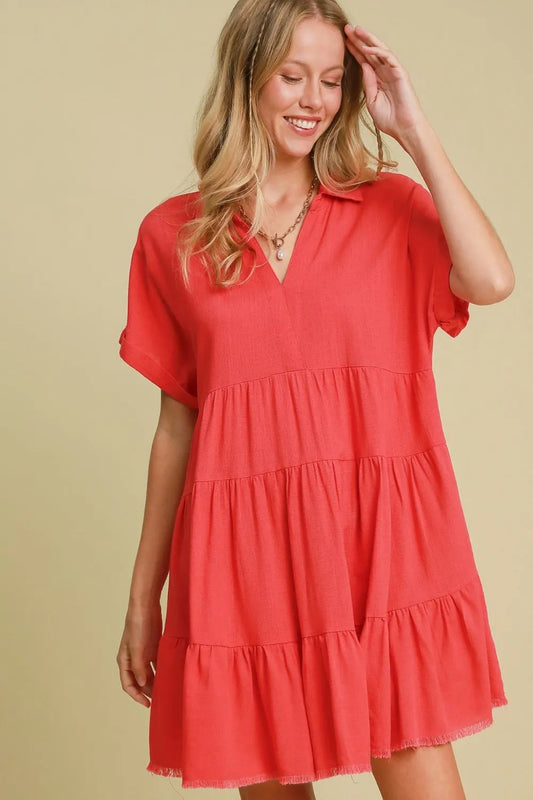 Umgee Full Size Raw Hem Folded Sleeve Tiered Dress Plus Size Strawberry