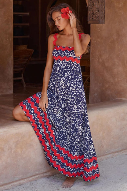 Printed Square Neck Wide Strap Maxi Dress Dark Blue