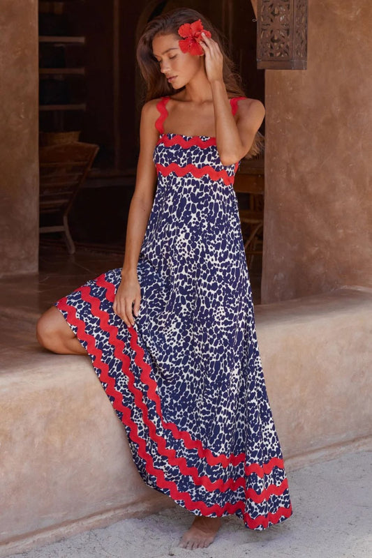 Printed Square Neck Wide Strap Maxi Dress Dark Blue