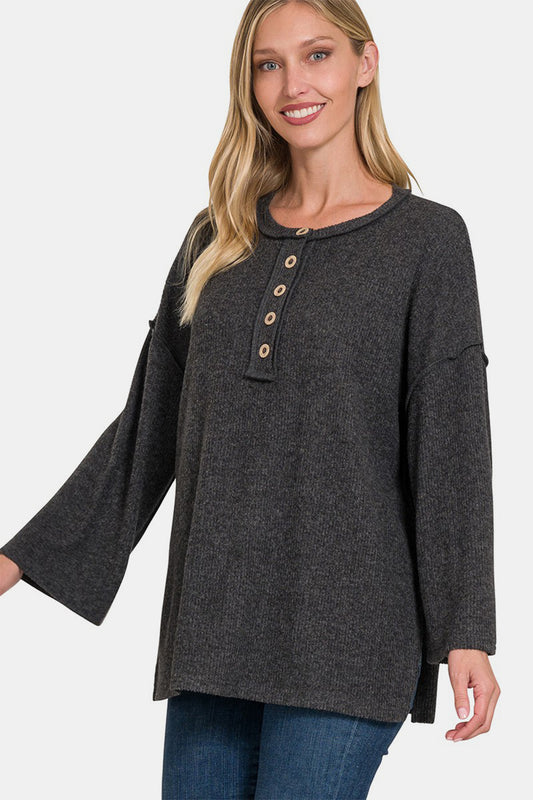 Zenana Full Size Ribbed Half Button Slit Knit Top Black