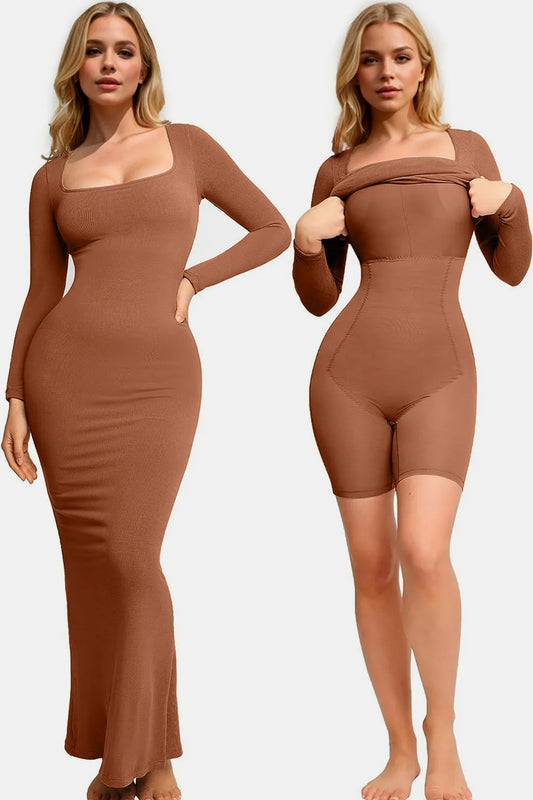 Basic Bae Built-In Shapewear Square Neck Long Sleeve Maxi Dress Caramel