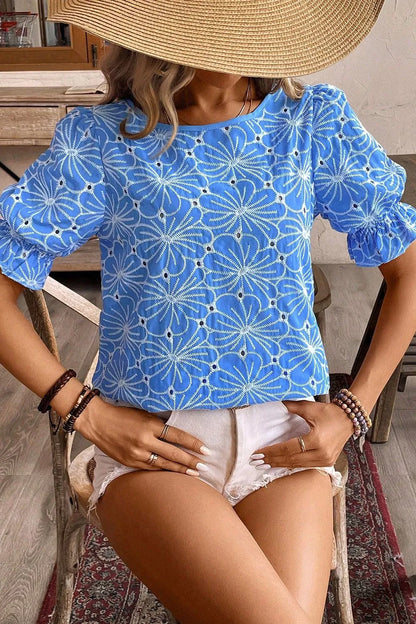 Eyelet Flower Embroidery Flounce Sleeve Blouse