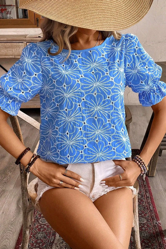 Eyelet Flower Embroidery Flounce Sleeve Blouse
