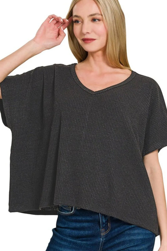 Zenana Ribbed V-Neck Short-Sleeve Knit Top BLACK
