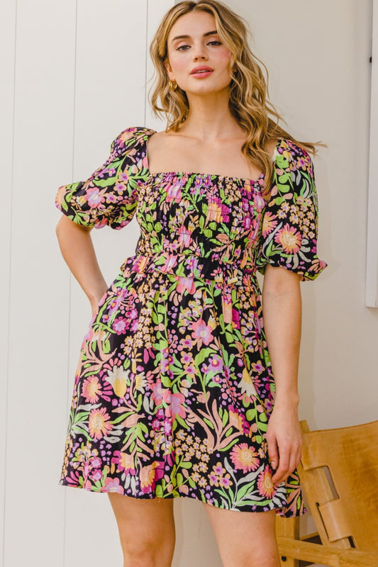 ODDI Full Size Floral Tie-Back Mini Dress Black Multi