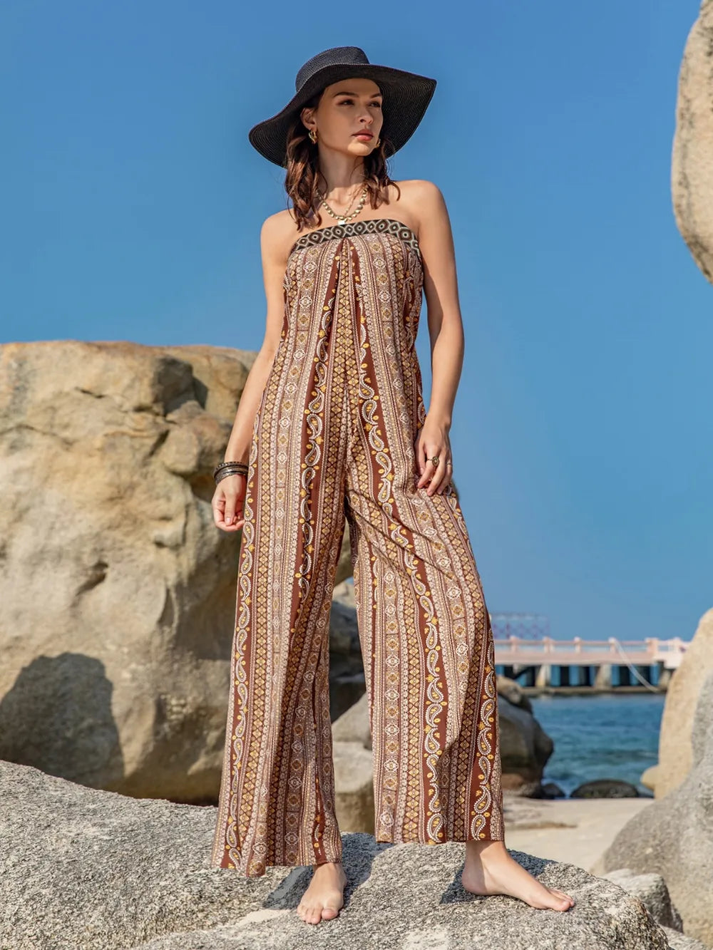 Tied Printed Tube Wide Leg Jumpsuit Camel