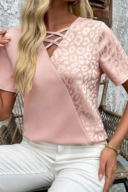 Leopard Jacquard Patchwork Crisscross V Neck Short Sleeve Blouse