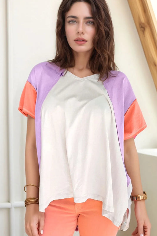 Color Block Patchwork V Neck Exposed Seam High Low T Shirt White