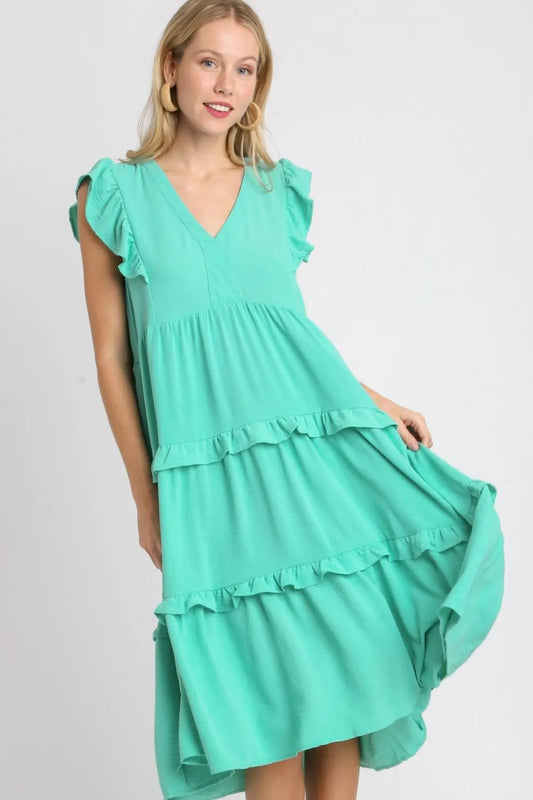 Umgee Full Size Ruffle Tiered Cap Sleeve Midi Dress Plus Size EMERALD