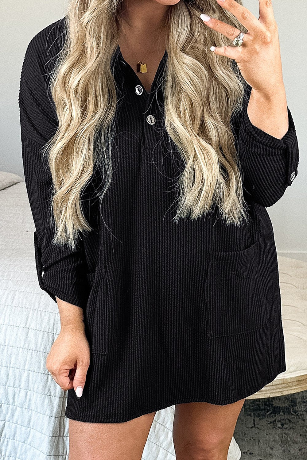 Plus Size Pocketed Long Sleeve Mini Dress Black