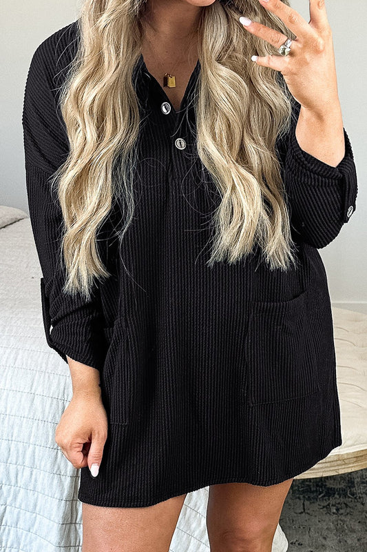 Plus Size Pocketed Long Sleeve Mini Dress Black