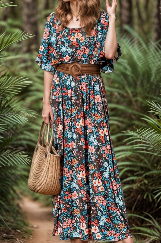 Tied Printed Round Neck Half Sleeve Dress Floral
