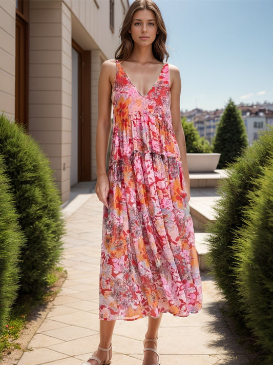 Tiered Printed V-Neck Sleeveless Dress Strawberry