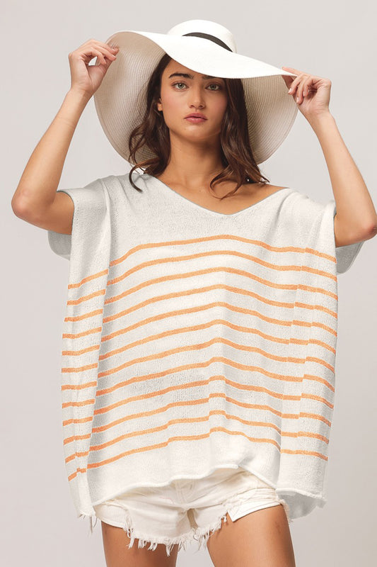 BiBi V Neck Striped Short Sleeve Top Apricot