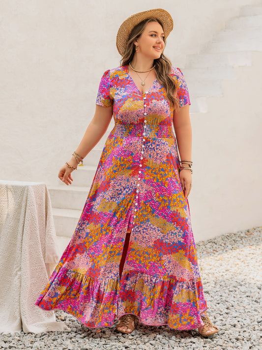 Plus Size Button Up Printed Short Sleeve Maxi Dress Fuchsia Pink