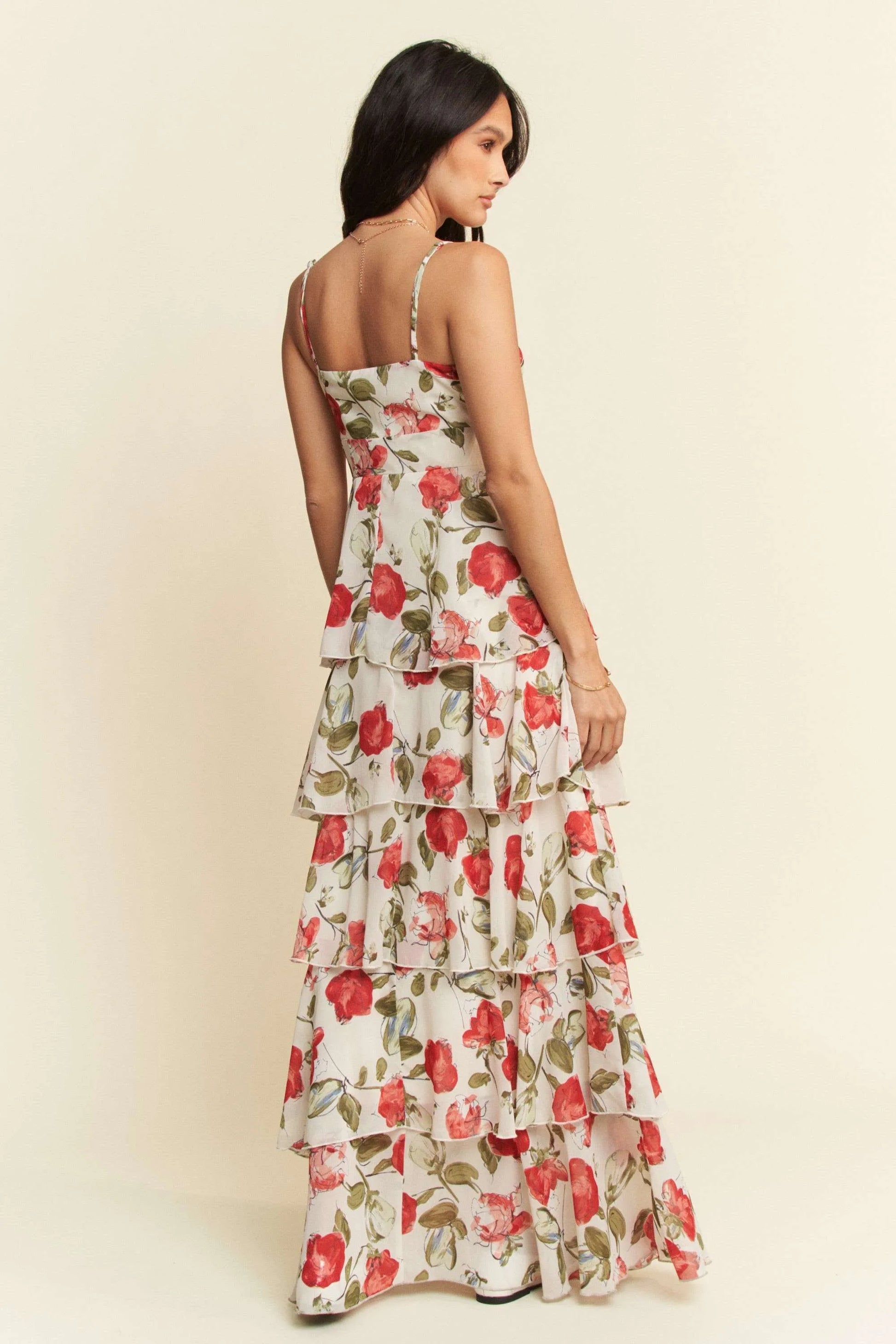 Davi & Dani Contrast Ring Lace Layered Ruffle Maxi Cami Dress