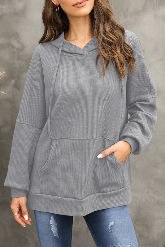 Waffle-Knit Long Sleeve Hoodie Dark Gray